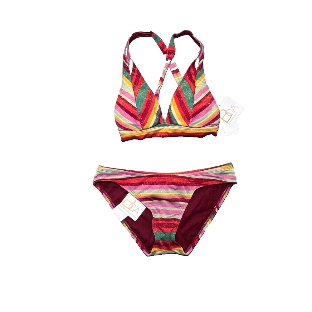 NWT 2 Piece Swimsuit / Bikini - Metallic Multi Color Retro Striped Print - Sz S